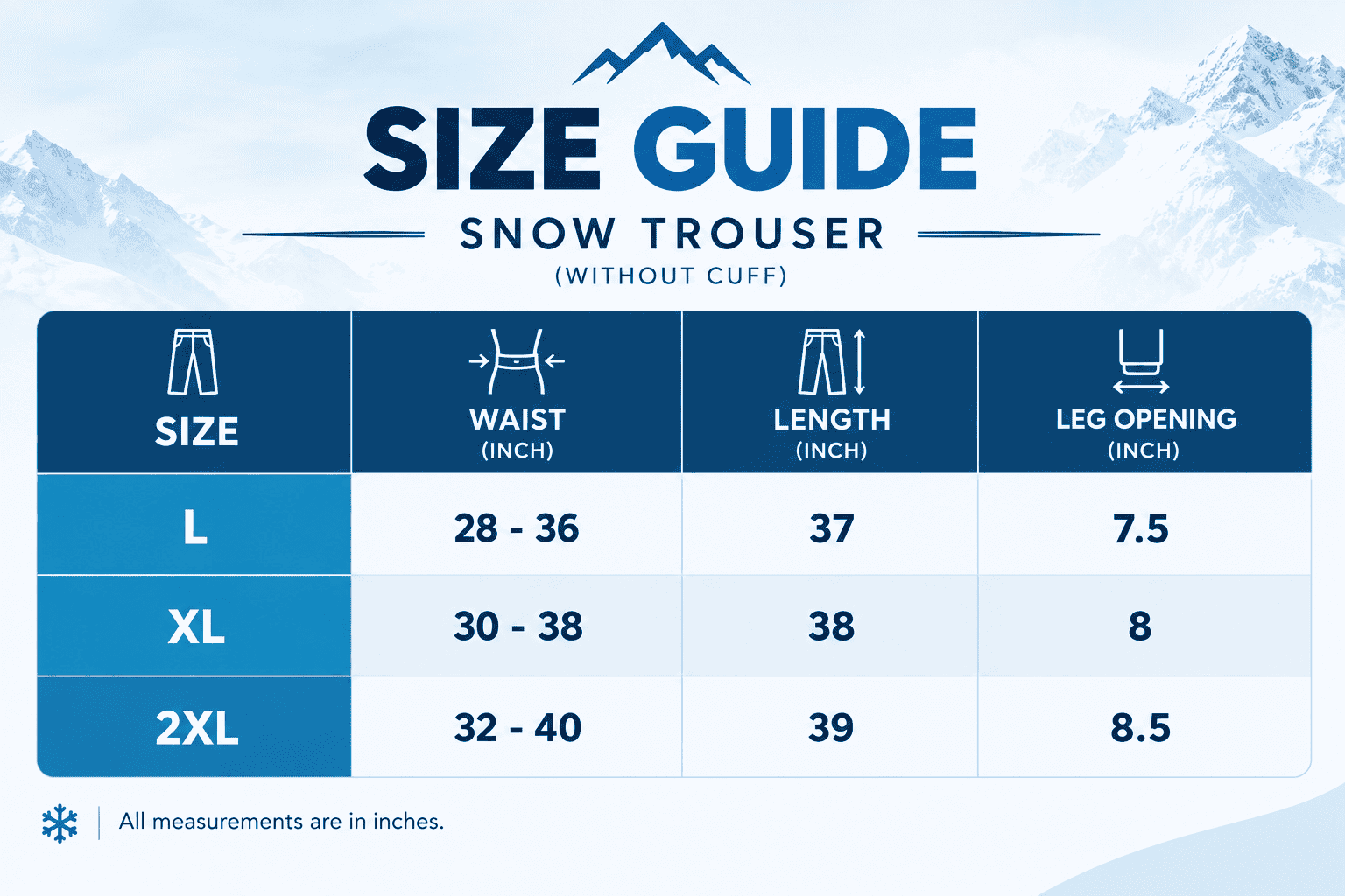 Snow Trousers without cuff - Navy Blue guideline