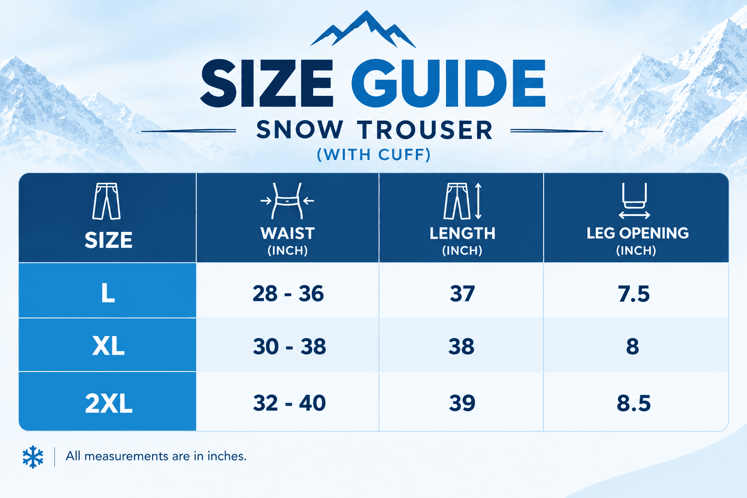 Snow Trousers with cuff - Navy Blue guideline